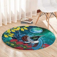 New Zealand Tui Bird Round Carpet Maori Koru With Pohutukawa Galaxy Style - Polynesian Pride