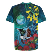 New Zealand Tui Bird Rugby Jersey Maori Koru With Pohutukawa Galaxy Style - Polynesian Pride