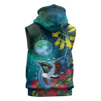 New Zealand Tui Bird Sleeveless Zip Hoodie Maori Koru With Pohutukawa Galaxy Style LT05 - Polynesian Pride