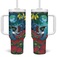 New Zealand Tui Bird Tumbler With Handle Maori Koru With Pohutukawa Galaxy Style - Polynesian Pride