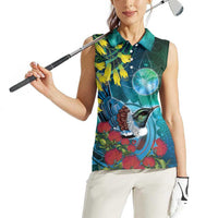 New Zealand Tui Bird Women Sleeveless Polo Shirt Maori Koru With Pohutukawa Galaxy Style - Polynesian Pride