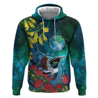 New Zealand Tui Bird Zip Hoodie Maori Koru With Pohutukawa Galaxy Style - Polynesian Pride