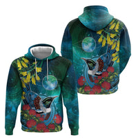 New Zealand Tui Bird Zip Hoodie Maori Koru With Pohutukawa Galaxy Style - Polynesian Pride