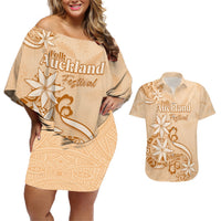 Personalised New Zealand Auckland Folk Festival Couples Matching Off Shoulder Short Dress and Hawaiian Shirt Vintage Style LT05 Brown - Polynesian Pride
