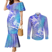 Couple Blue Sea Turtle Heart Love Couples Matching Mermaid Dress and Long Sleeve Button Shirt LT05 Blue - Polynesian Pride