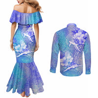 Couple Blue Sea Turtle Heart Love Couples Matching Mermaid Dress and Long Sleeve Button Shirt LT05 - Polynesian Pride