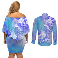 Couple Blue Sea Turtle Heart Love Couples Matching Off Shoulder Short Dress and Long Sleeve Button Shirt LT05 - Polynesian Pride
