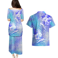 Couple Blue Sea Turtle Heart Love Couples Matching Puletasi Dress and Hawaiian Shirt LT05 - Polynesian Pride