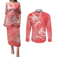 Polynesia Sea Turtle Couple Couples Matching Puletasi Dress and Long Sleeve Button Shirt Happy Valentine Day Red LT05 Red - Polynesian Pride
