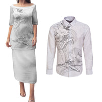 Polynesia Sea Turtle Couple Couples Matching Puletasi Dress and Long Sleeve Button Shirt Happy Valentine Day White LT05 White - Polynesian Pride