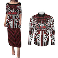 Custom Aotearoa Ngapuhi Couples Matching Puletasi and Long Sleeve Button Shirt Maori Tribal Pattern Mix Poutama LT05 Red - Polynesian Pride