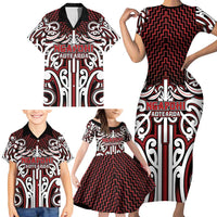 Custom Aotearoa Ngapuhi Family Matching Short Sleeve Bodycon Dress and Hawaiian Shirt Maori Tribal Pattern Mix Poutama