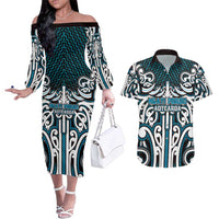 Custom Aotearoa Ngati Porou Couples Matching Off The Shoulder Long Sleeve Dress and Hawaiian Shirt Maori Tribal Pattern Mix Poutama