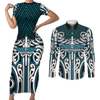 Custom Aotearoa Ngati Porou Couples Matching Short Sleeve Bodycon Dress and Long Sleeve Button Shirt Maori Tribal Pattern Mix Poutama