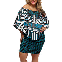 Custom Aotearoa Ngati Porou Off Shoulder Short Dress Maori Tribal Pattern Mix Poutama LT05 Women Blue - Polynesian Pride