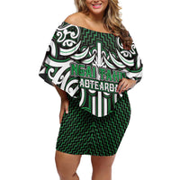 Custom Aotearoa Ngai Tahu Off Shoulder Short Dress Maori Tribal Pattern Mix Poutama LT05 Women Green - Polynesian Pride