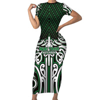 Custom Aotearoa Ngai Tahu Short Sleeve Bodycon Dress Maori Tribal Pattern Mix Poutama LT05 Long Dress Green - Polynesian Pride