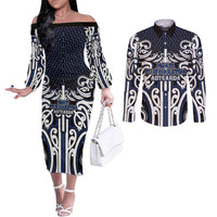 Custom Aotearoa Ngati Tuwharetoa Couples Matching Off The Shoulder Long Sleeve Dress and Long Sleeve Button Shirt Maori Tribal Pattern Mix Poutama