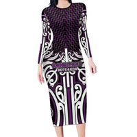 Custom Aotearoa Rangitane Long Sleeve Bodycon Dress Maori Tribal Pattern Mix Poutama LT05 Long Dress Purple - Polynesian Pride