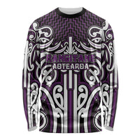 Custom Aotearoa Rangitane Long Sleeve Shirt Maori Tribal Pattern Mix Poutama LT05 Unisex Purple - Polynesian Pride