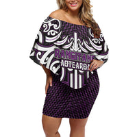Custom Aotearoa Rangitane Off Shoulder Short Dress Maori Tribal Pattern Mix Poutama LT05 Women Purple - Polynesian Pride