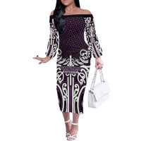 Custom Aotearoa Rangitane Off The Shoulder Long Sleeve Dress Maori Tribal Pattern Mix Poutama LT05 Women Purple - Polynesian Pride