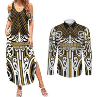 Custom Aotearoa Taranaki Couples Matching Summer Maxi Dress and Long Sleeve Button Shirt Maori Tribal Pattern Mix Poutama LT05 Yellow - Polynesian Pride