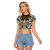 Custom Aotearoa Taranaki Raglan Cropped T Shirt Maori Tribal Pattern Mix Poutama LT05 Female Yellow - Polynesian Pride