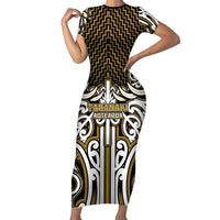 Custom Aotearoa Taranaki Short Sleeve Bodycon Dress Maori Tribal Pattern Mix Poutama LT05 Long Dress Yellow - Polynesian Pride