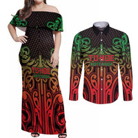 Custom Aotearoa Tuhoe Couples Matching Off Shoulder Maxi Dress and Long Sleeve Button Shirt Maori Tribal Pattern Mix Poutama LT05 Black - Polynesian Pride