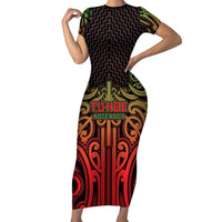 Custom Aotearoa Tuhoe Short Sleeve Bodycon Dress Maori Tribal Pattern Mix Poutama LT05 Long Dress Black - Polynesian Pride