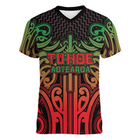 Custom Aotearoa Tuhoe Women V-Neck T-Shirt Maori Tribal Pattern Mix Poutama