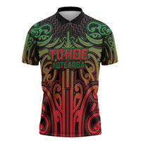 Custom Aotearoa Tuhoe Zipper Polo Shirt Maori Tribal Pattern Mix Poutama LT05 Black - Polynesian Pride