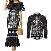 Personalised Hawaii Happy King Kamehameha Day Couples Matching Mermaid Dress and Long Sleeve Button Shirt Kakau Pattern LT05 Black - Polynesian Pride