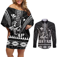 Personalised Hawaii Happy King Kamehameha Day Couples Matching Off Shoulder Short Dress and Long Sleeve Button Shirt Kakau Pattern LT05 Black - Polynesian Pride
