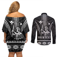 Personalised Hawaii Happy King Kamehameha Day Couples Matching Off Shoulder Short Dress and Long Sleeve Button Shirt Kakau Pattern LT05 - Polynesian Pride