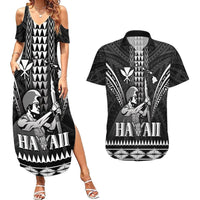 Personalised Hawaii Happy King Kamehameha Day Couples Matching Summer Maxi Dress and Hawaiian Shirt Kakau Pattern LT05 Black - Polynesian Pride