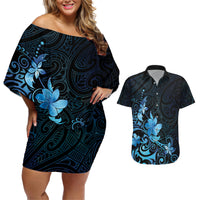Matariki New Zealand Couples Matching Off Shoulder Short Dress and Hawaiian Shirt Maori Pattern Blue Galaxy LT05 Blue - Polynesian Pride