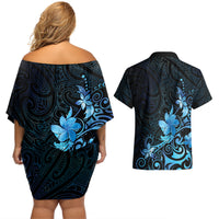 Matariki New Zealand Couples Matching Off Shoulder Short Dress and Hawaiian Shirt Maori Pattern Blue Galaxy LT05 - Polynesian Pride