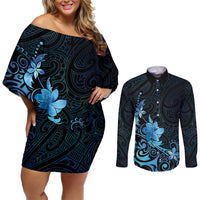 Matariki New Zealand Couples Matching Off Shoulder Short Dress and Long Sleeve Button Shirt Maori Pattern Blue Galaxy