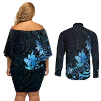 Matariki New Zealand Couples Matching Off Shoulder Short Dress and Long Sleeve Button Shirt Maori Pattern Blue Galaxy LT05 - Polynesian Pride