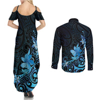 Matariki New Zealand Couples Matching Summer Maxi Dress and Long Sleeve Button Shirt Maori Pattern Blue Galaxy LT05 - Polynesian Pride