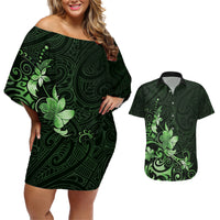 Matariki New Zealand Couples Matching Off Shoulder Short Dress and Hawaiian Shirt Maori Pattern Green Galaxy LT05 Green - Polynesian Pride