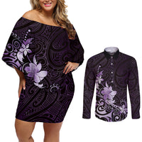 Matariki New Zealand Couples Matching Off Shoulder Short Dress and Long Sleeve Button Shirt Maori Pattern Purple Galaxy LT05 Purple - Polynesian Pride