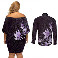 Matariki New Zealand Couples Matching Off Shoulder Short Dress and Long Sleeve Button Shirt Maori Pattern Purple Galaxy LT05 - Polynesian Pride