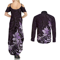 Matariki New Zealand Couples Matching Summer Maxi Dress and Long Sleeve Button Shirt Maori Pattern Purple Galaxy LT05 - Polynesian Pride
