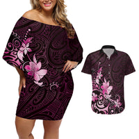 Matariki New Zealand Couples Matching Off Shoulder Short Dress and Hawaiian Shirt Maori Pattern Pink Galaxy LT05 Pink - Polynesian Pride