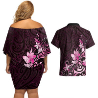 Matariki New Zealand Couples Matching Off Shoulder Short Dress and Hawaiian Shirt Maori Pattern Pink Galaxy LT05 - Polynesian Pride