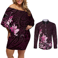Matariki New Zealand Couples Matching Off Shoulder Short Dress and Long Sleeve Button Shirt Maori Pattern Pink Galaxy LT05 Pink - Polynesian Pride