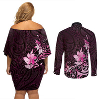 Matariki New Zealand Couples Matching Off Shoulder Short Dress and Long Sleeve Button Shirt Maori Pattern Pink Galaxy LT05 - Polynesian Pride